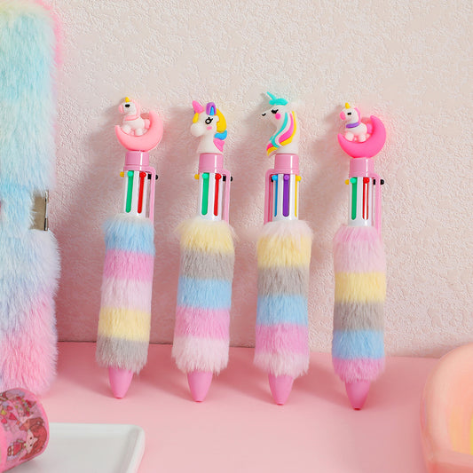 A 2023 New Girl Cartoon Unicorn Plush Ball Pen Children's Cute Six Color Press Stationery Handheld Pen