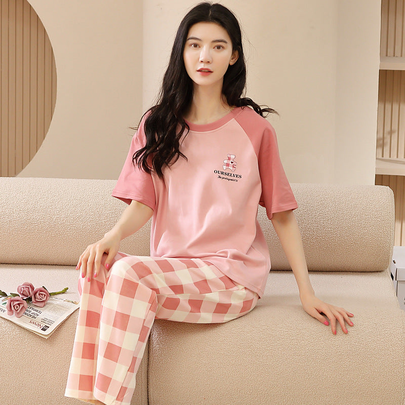 A pajamas women's summer women's pure cotton thin cool short-sleeved trousers round neck summer large-size women's loungewear suit