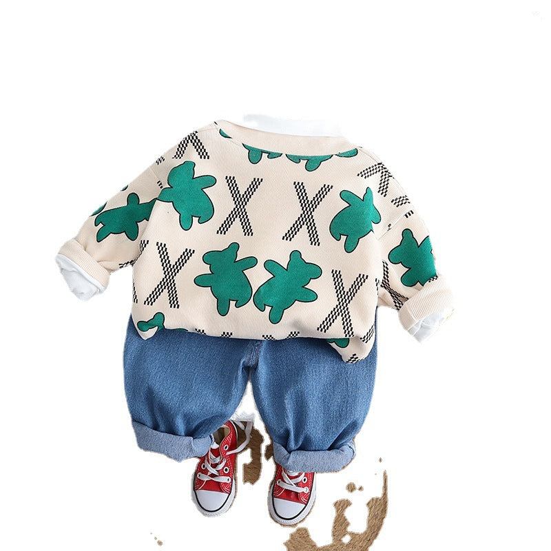 A Casual children's clothing cartoon animal printing cardigan spring and autumn three-piece baby suit manufacturer source wholesale