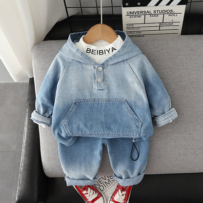 Trend boy long sleeve suit autumn Korean version of gradient hooded denim sweater casual pants for children in three-piece suit.