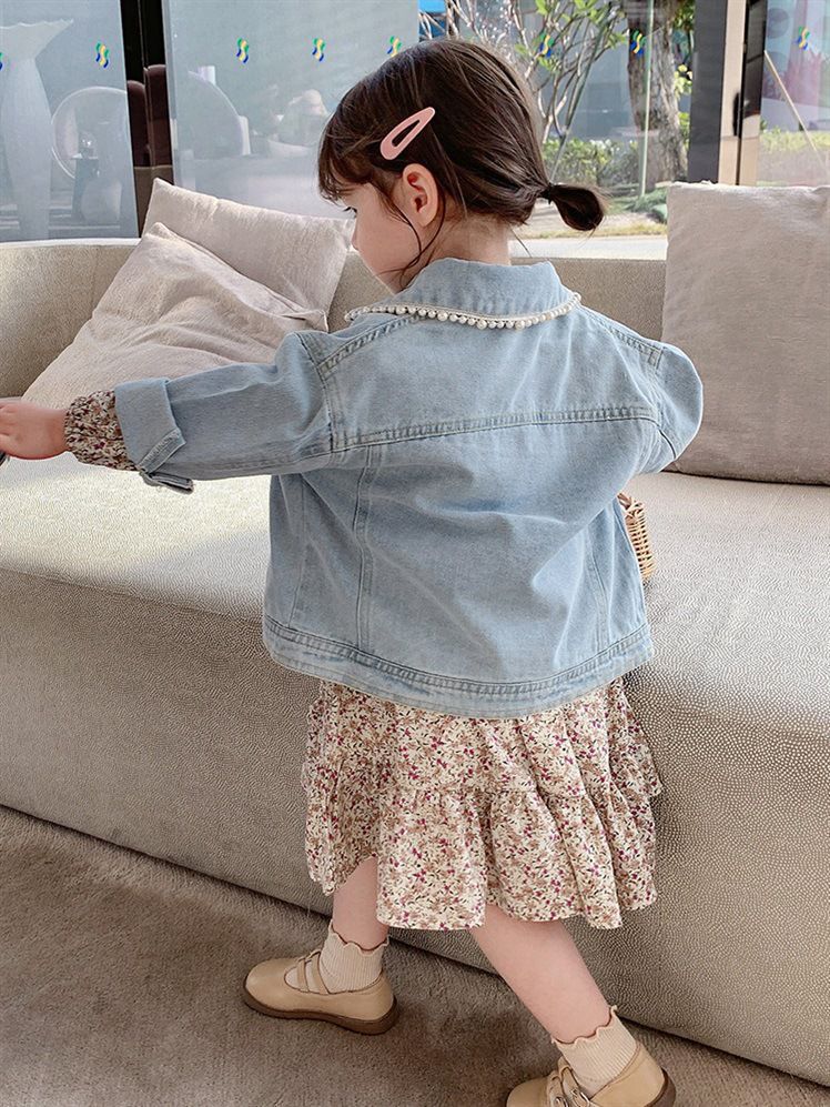 Girls' Spring Wear New Pearl Korean Children's Denim Coat Baby Spring and Autumn Western Style Cardigan Top Trendy 0.55kg