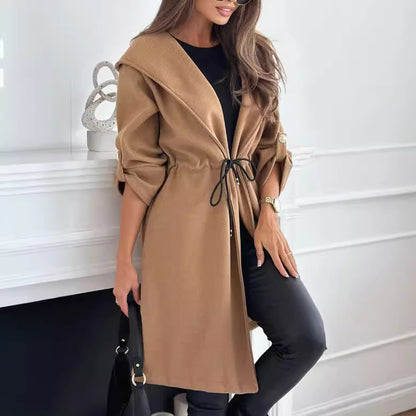 A European and American cross-border Amazon fashion strap hooded lapel women's casual long-sleeved autumn and winter new coat style