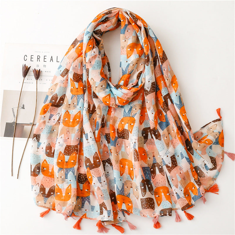 A Yitao Scarf Creative Ethnic Style Cotton and Hemp Hand Feel Scarf Women's Orange Wheat tassel Tourist Beach Scarf Shawl