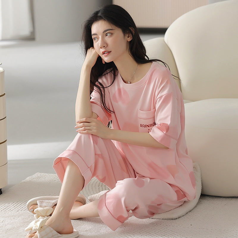 A pajamas women's summer cartoon pure cotton short-sleeved cropped pants casual loose round neck can be worn outside summer loungewear suit