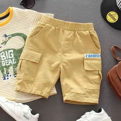 Pantalones cortos de algodón puro para niño para el verano de 2024, pantalones cortos nuevos para ropa de trabajo infantil, pantalones de cinco piezas para niños pequeños, pantalones de moda y de tendencia. 