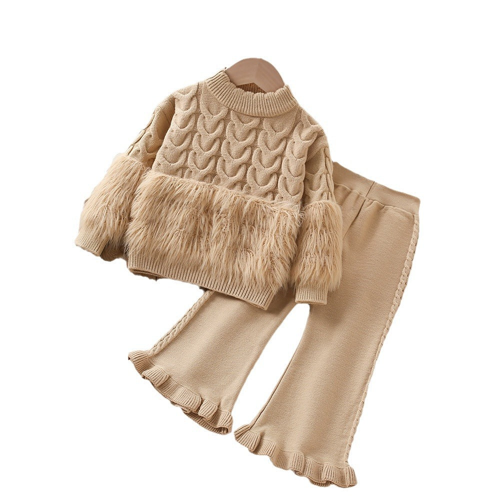 A girls sweater set autumn and winter new foreign style Korean version solid color twist fluff knitted long-sleeved pants two-piece set