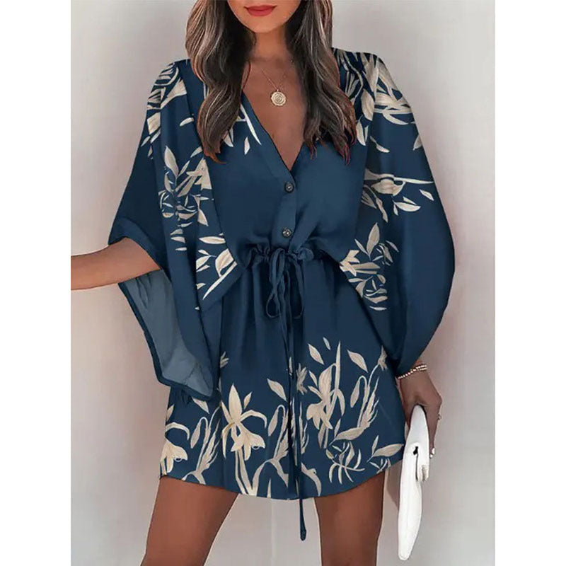 A cross-border European and American foreign trade women's clothing summer women's flying sleeves Amazon V-neck lace up printed beach skirts wholesale