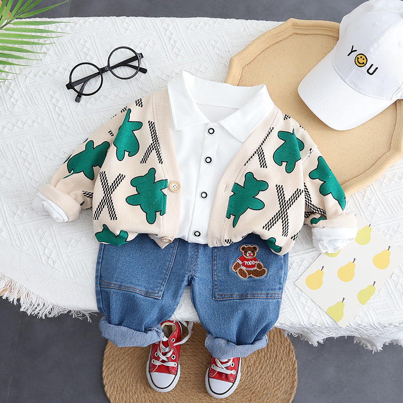 A Casual children's clothing cartoon animal printing cardigan spring and autumn three-piece baby suit manufacturer source wholesale