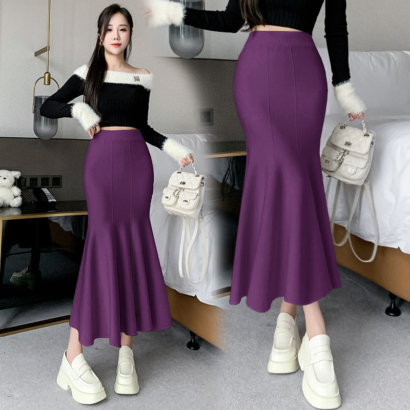 Knitted half length skirt for women in autumn and winter , new sweet and slim fit fishtail skirt, thickened and long, buttocks wrapped skirt(Weight:0.55kg)