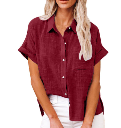 A Amazon wish summer new European and American cross-border women's clothing solid color linen shirt short sleeve casual loose shirt