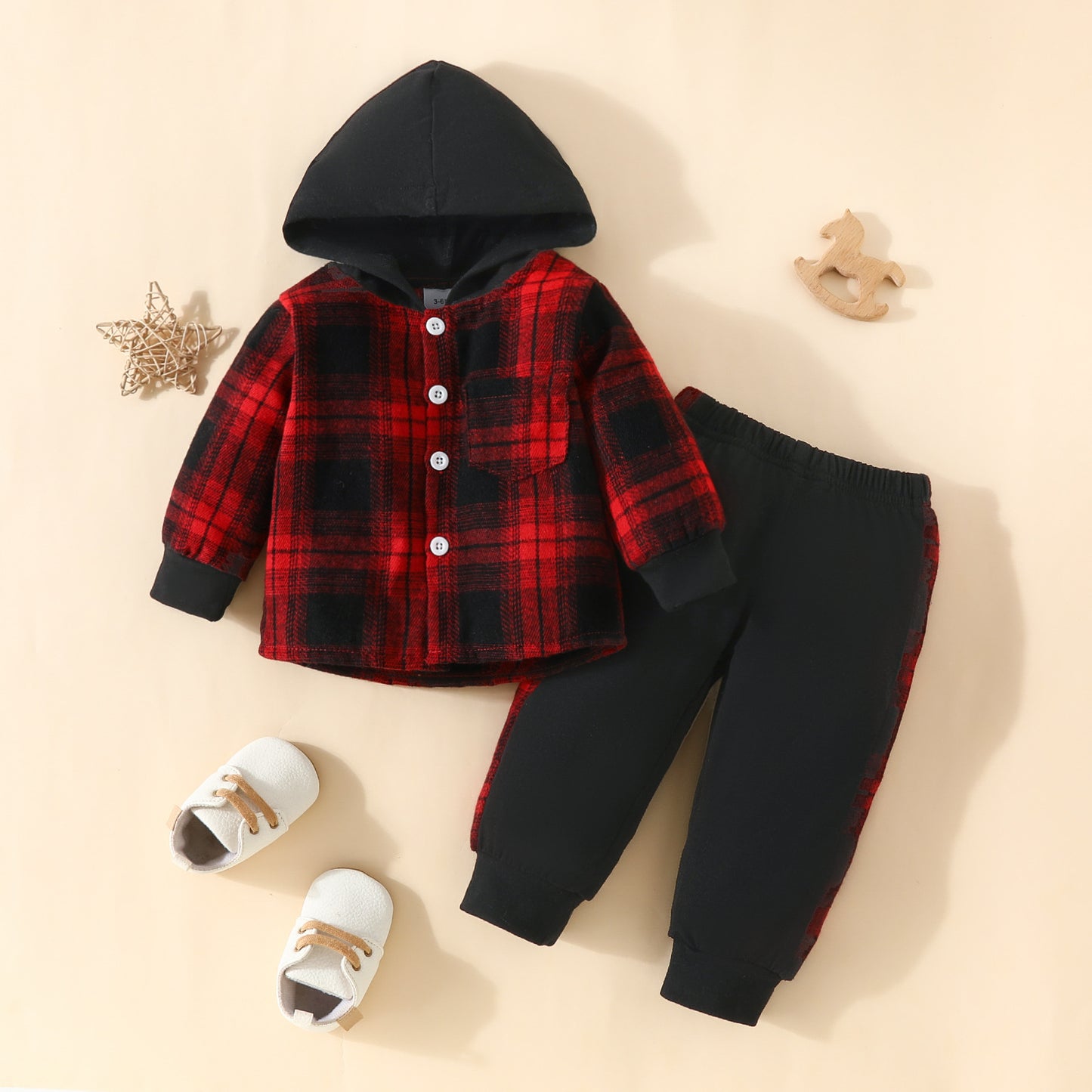 Toddler boy classic plaid hooded long-sleeved shirt color matching trousers suit European and American baby spring and autumn two-piece suit 0.2kg