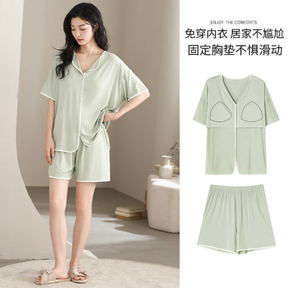 A 2024 Modal pajamas women's summer thin short-sleeved shorts anti-bumps with chest pads loungewear suit can be worn outside