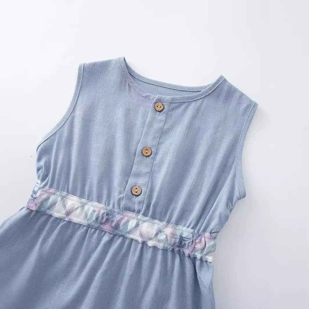 A 2024 summer girl baby cotton linen sleeveless vest dress dress plaid contrast cardigan belt princess dress