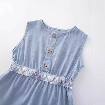 A 2024 summer girl baby cotton linen sleeveless vest dress dress plaid contrast cardigan belt princess dress