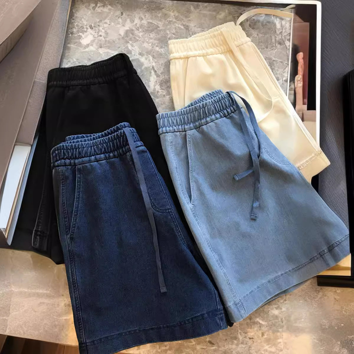 A foreign trade summer casual touch soft waxy upper body light and stylish~ high waist drawstring thin five-point denim shorts women