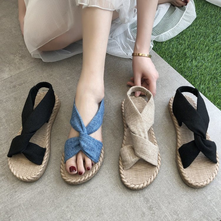 A 2024 New Sandals Women's Summer Outwear Grass Knitted Linen Roman Sandals Elastic Straps Cross Flat Bottom Women's Shoes Wholesal