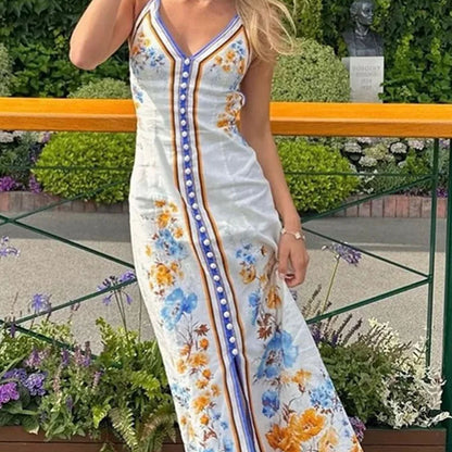 Un vestido de mujer con cuello colgante y estampado elegante de mar para vacaciones sin mangas con temperamento de moda de verano de Amazon 2024 