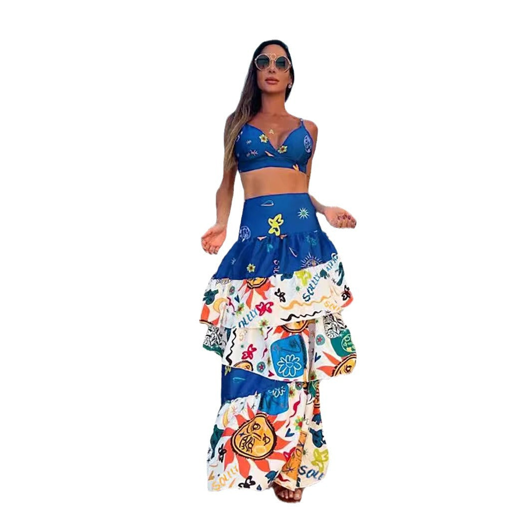 A blue print European and American vacation beach wind deep V-neck sexy waist sleeveless women's skirt set 2024 new