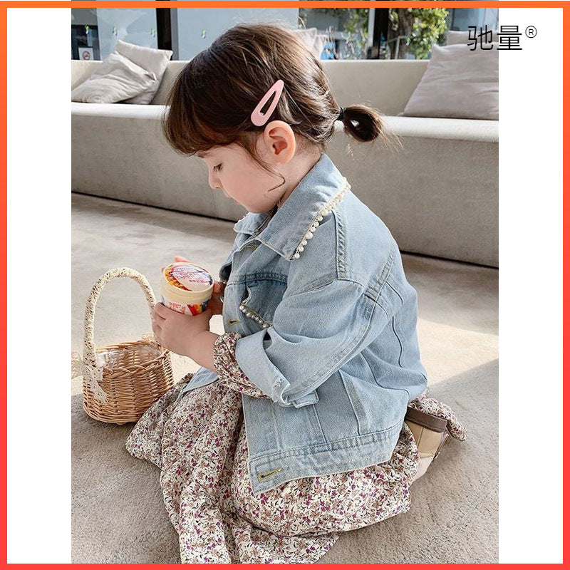 Girls' Spring Wear New Pearl Korean Children's Denim Coat Baby Spring and Autumn Western Style Cardigan Top Trendy 0.55kg