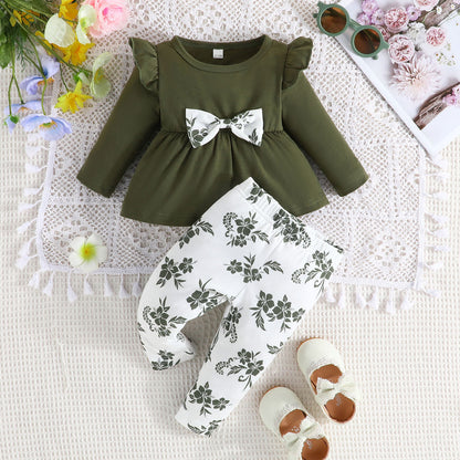 Girls' Fashion Solid Color Print Set Cross-border Little Girl Spring and Autumn Long Sleeve Lace Skirt + Flower Pants 0.15kg