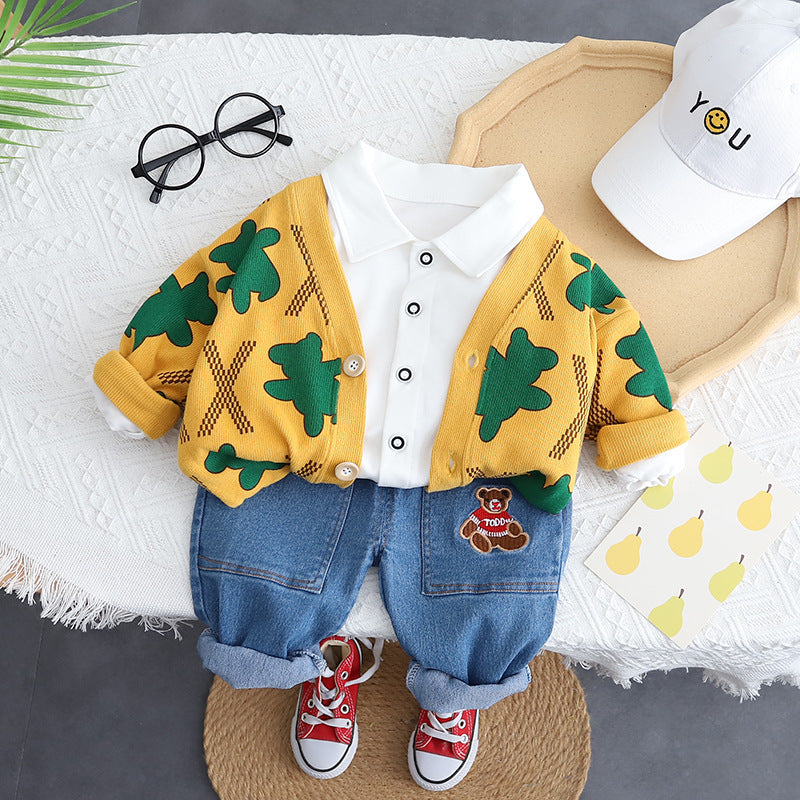 A Casual children's clothing cartoon animal printing cardigan spring and autumn three-piece baby suit manufacturer source wholesale