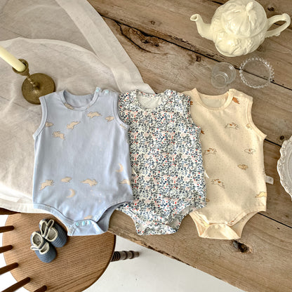 A baby and toddler summer thin boneless vest with buttocks and jumpsuit ins Nordic rabbit floral print sleeveless crawling suit