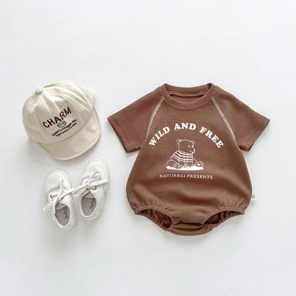 A ins summer dress children's round neck bag fart triangle hayi newborn baby cartoon clothes korean version of the outing one-piece crawling suit