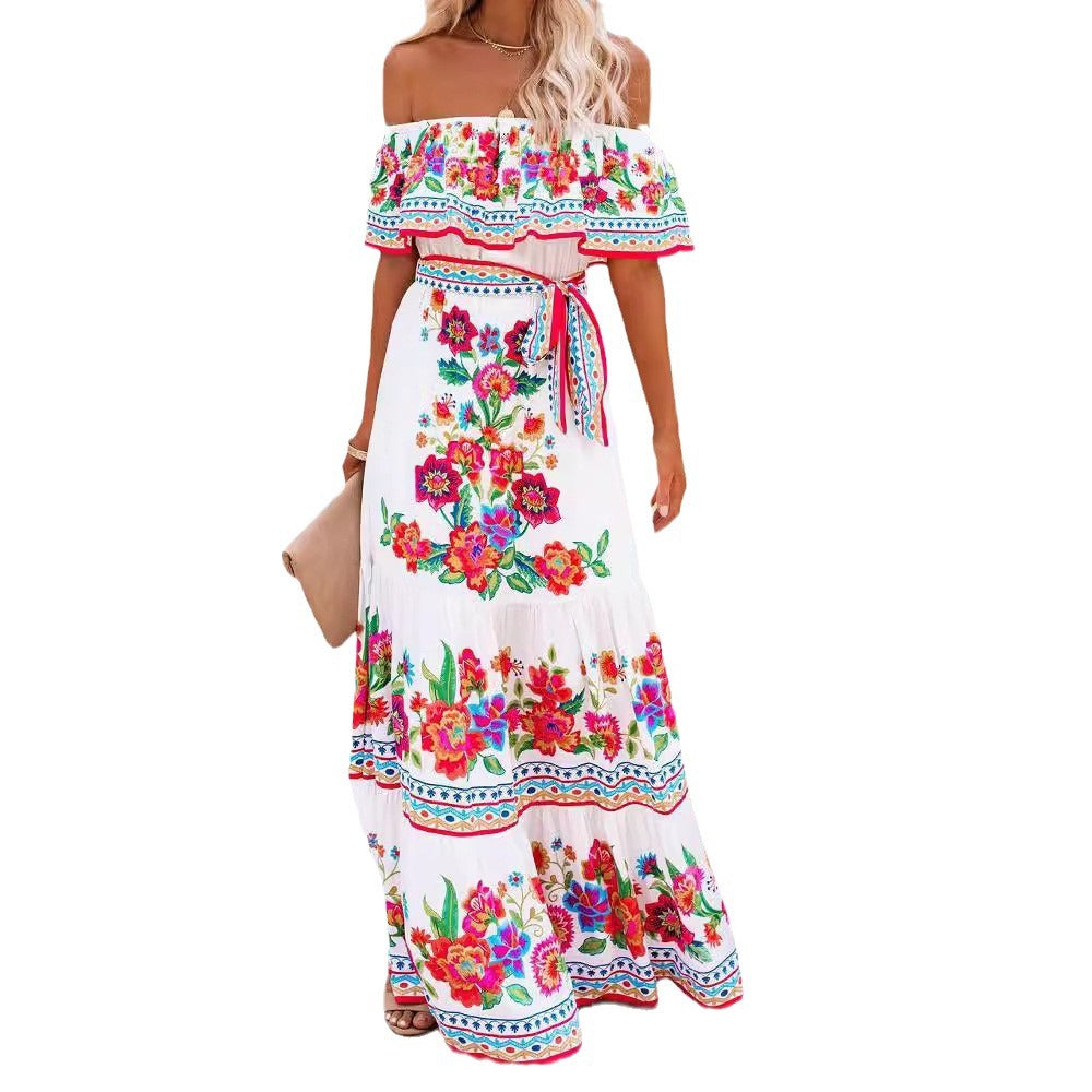 A 2024 European, American spring and summer independent station Amazon's new one-word shoulder red flower printing long pendulum dress