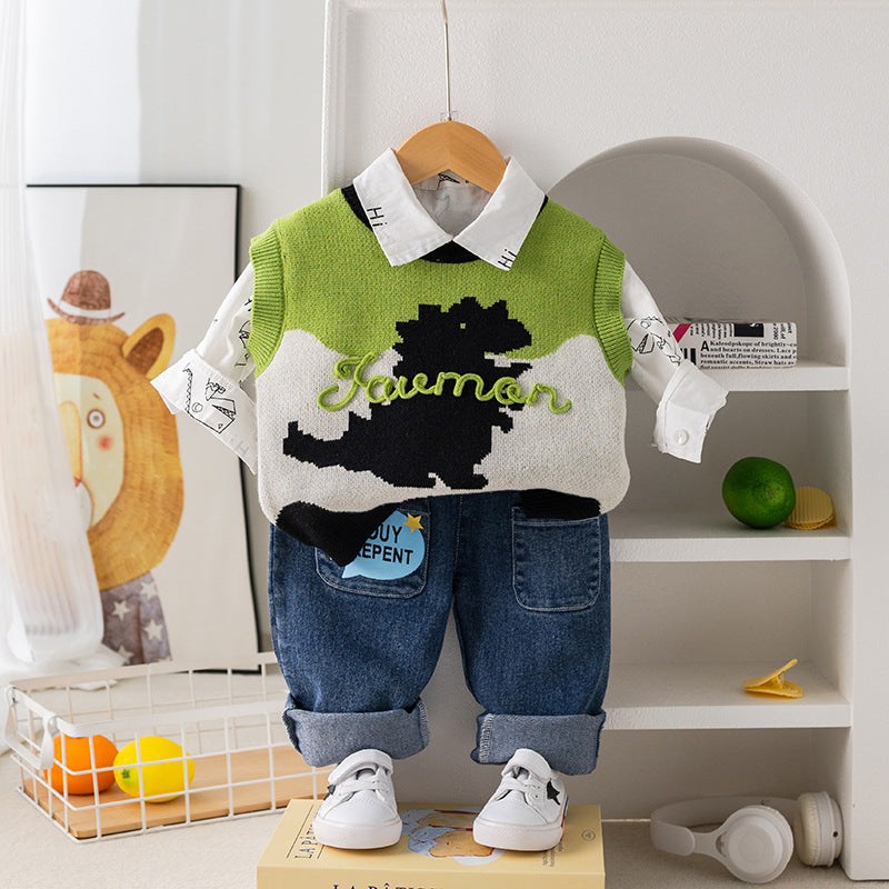 A boys' spring suit foreign baby spring autumn wave dinosaur sweater three -piece set