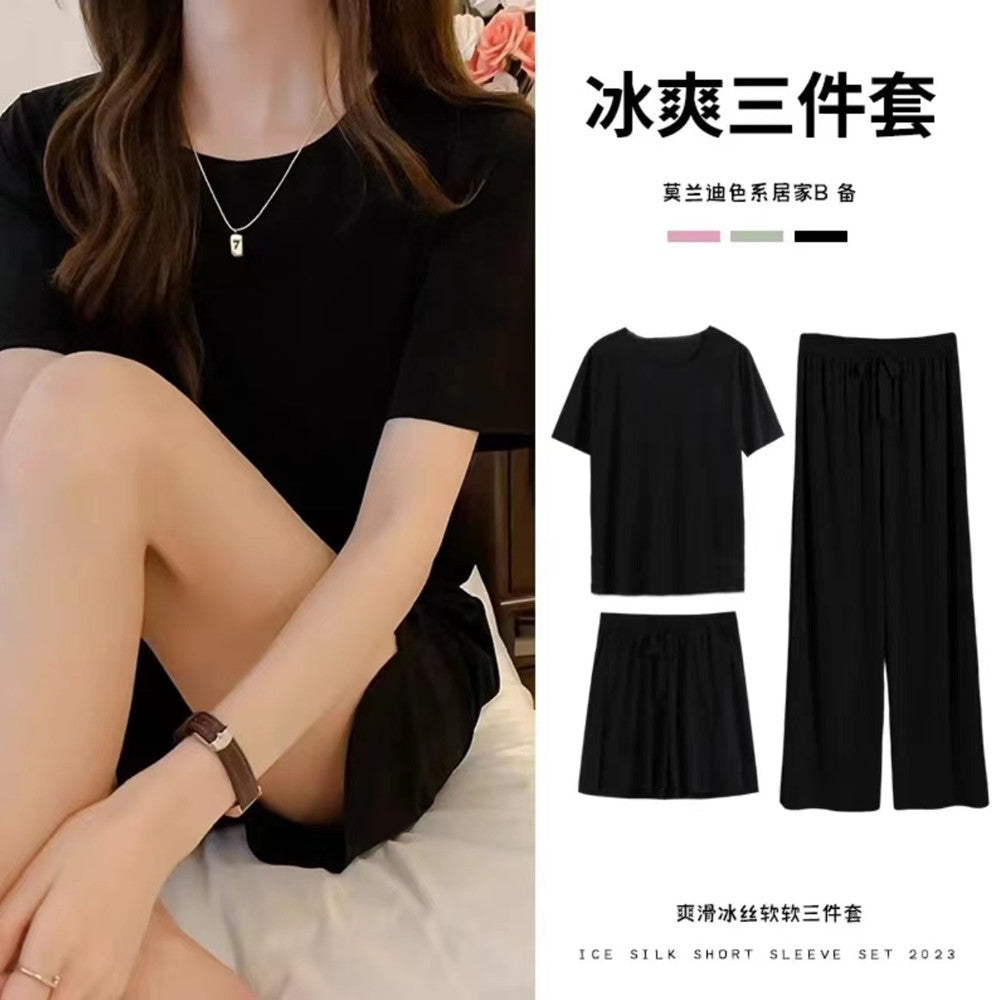 A Summer soft ice silk pajamas three-piece women's loungewear simple casual and comfortable loose short-sleeved shorts set