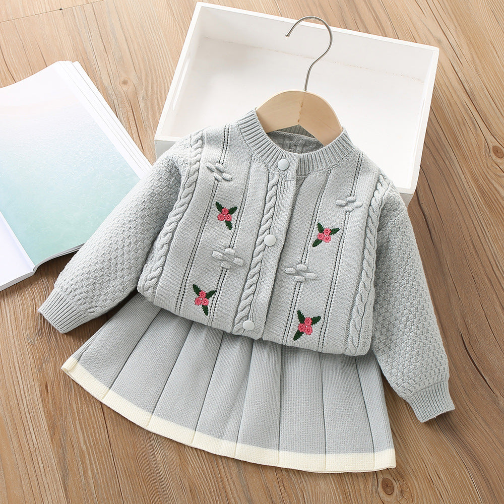 A girls sweater set autumn and winter new Korean version fashionable baby flower embroidery knitted cardigan skirt two-piece set