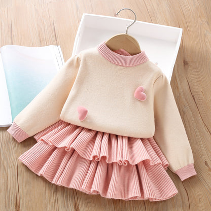 A girls sweater set autumn and winter new Korean version of foreign style solid color love knitted long-sleeved cake skirt two-piece set