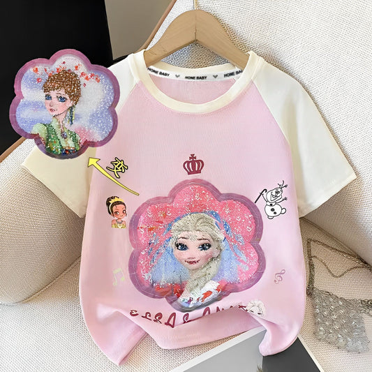 A girls T-shirt short sleeve summer cotton princess color sequins change pattern clothes children little girl baby coat