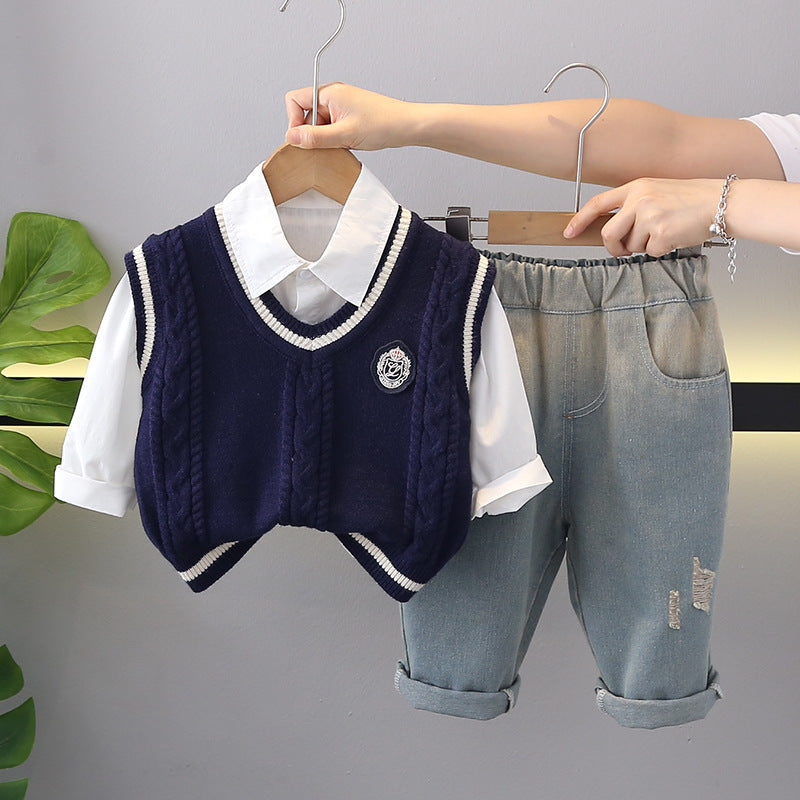 A new boys college style vest casual bottom shirt fashion printed trousers three-piece set source manufacturer wholesale