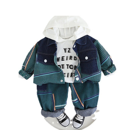 A Children's Autumn Denim Three-piece Set Manufacturer Wholesale Boys' Handsome Trendy Clothing Long Sleeve Denim Jacket Hooded Bottom