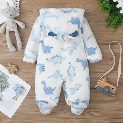 A winter thickened dinosaur print upright ears hooded feet Romper cute velvet newborn outing suit