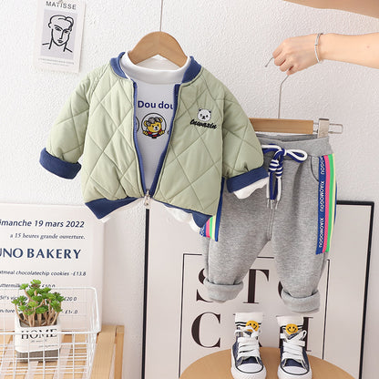 A foreign trade children's new handsome boy autumn and winter English thickened warm three-piece set source manufacturer wholesale