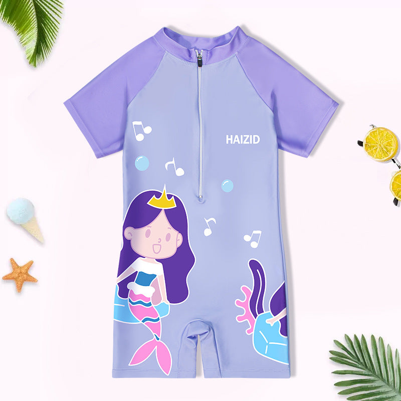 A new children's swimsuit cute cartoon print mermaid short sleeved jumpsuit factory wholesale 0.15KG