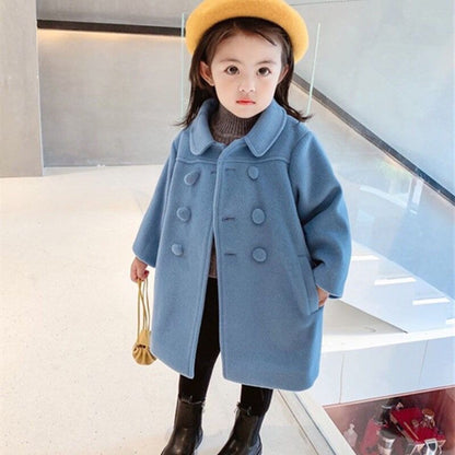 A girls woolen coat 2023 autumn and winter new children's Korean version lapel medium and long solid color woolen coat one piece hair