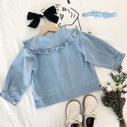 Girls' denim jacket spring outfit new children's long sleeved lace lapel short casual top 0.2kg