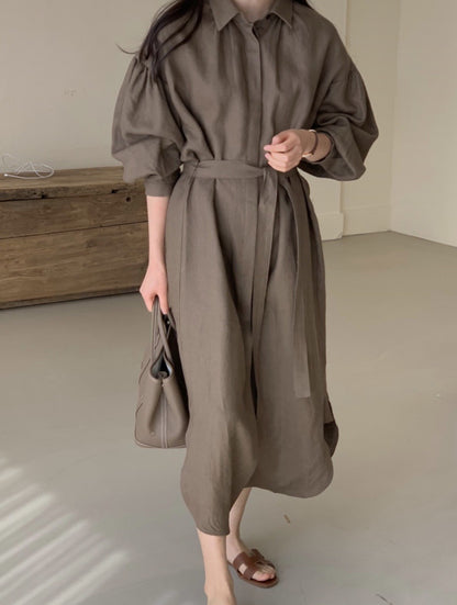 A Japanese and Korean chic spring and summer retro literary and artistic lace-up waist and thin lantern sleeves knee-length long-sleeved dress