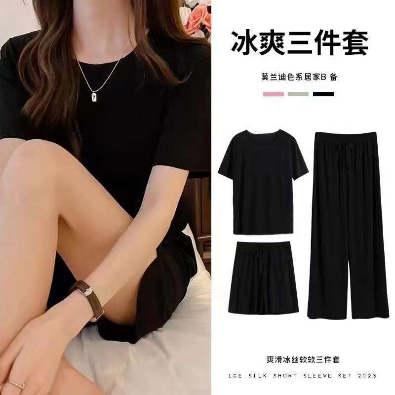 A Summer soft ice silk pajamas three-piece women's loungewear simple casual and comfortable loose short-sleeved shorts set