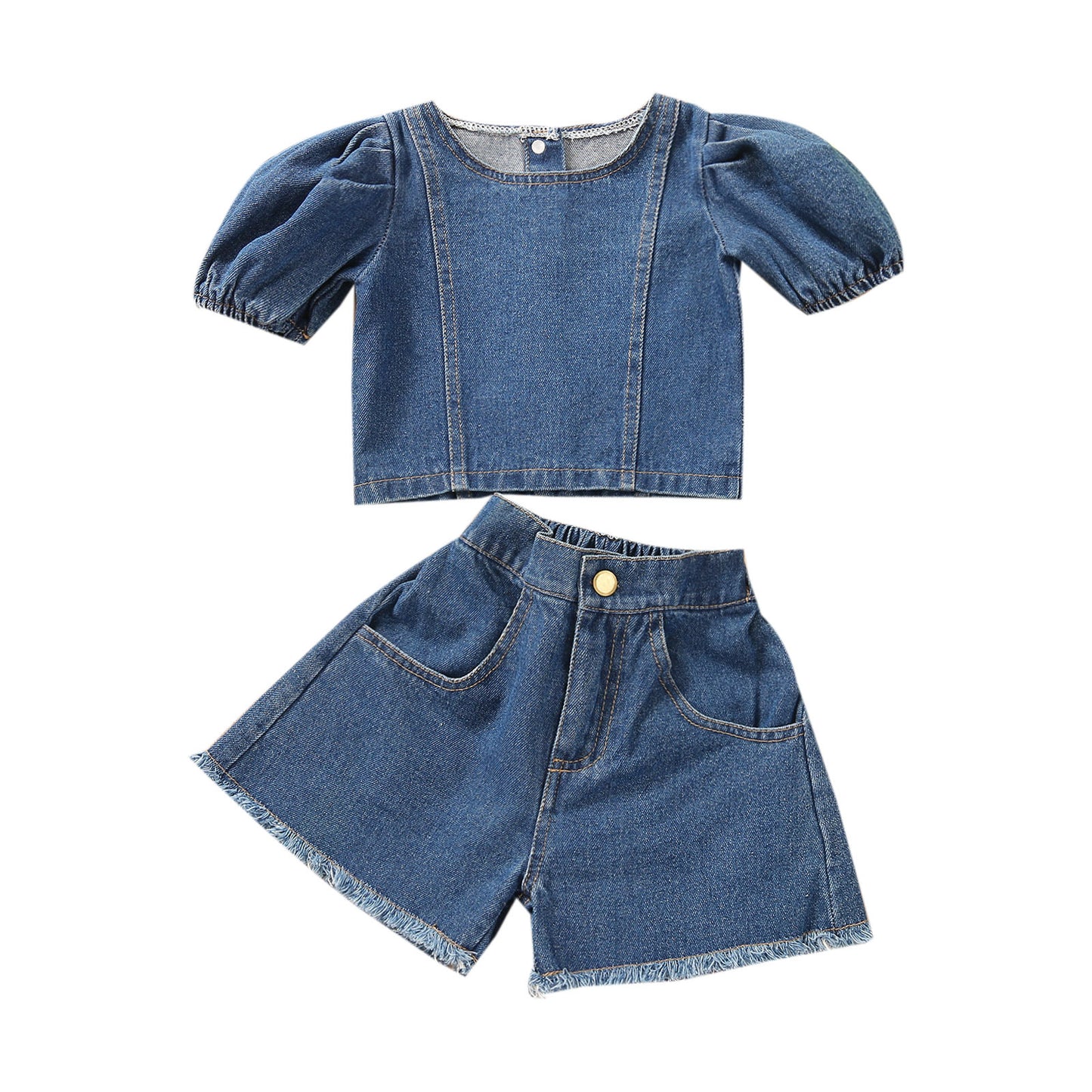 Girls summer fashion denim set, girls bubble sleeved short denim top+raw edge denim shorts 0.2kg