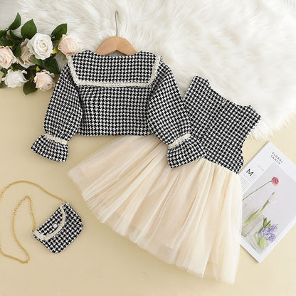 Qianniao grid large lapel jacket+patchwork mesh skirt girl set autumn and winter new small fragrant style children's clothing replacement 0.5kg