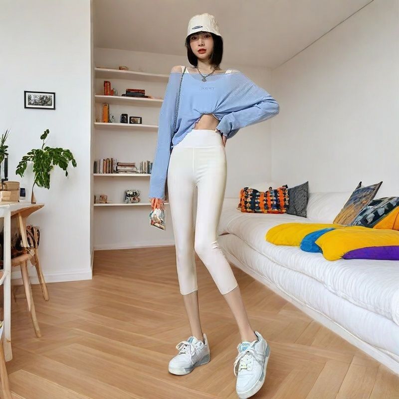 A seven-point leggings women's summer thin wear high waist large size cycling yoga pants 7-point plane shark pants