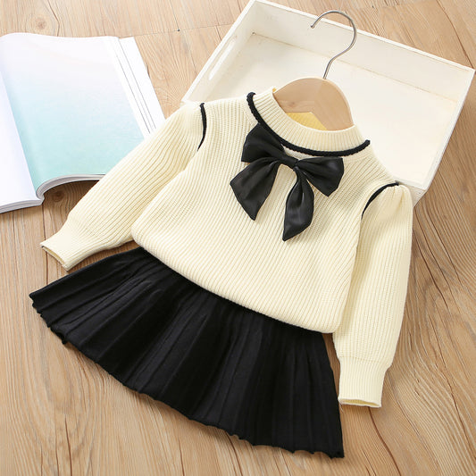 Girls sweater suit autumn and winter new 2023 little girl bow knitted top western style short skirt two-piece suit