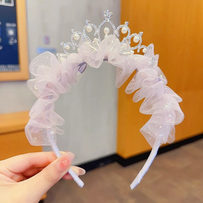 PRICE FOR 10 PIECE Princess temperament Crown tiara little girl gauze bow Pearl hairband pleated lace embroidered headband hairpin (weight:0.05kg)