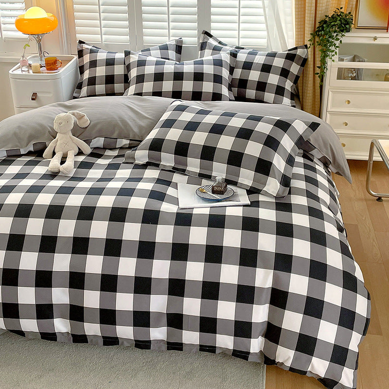 A Thickened pure cotton abraded four-piece set, unprinted wind-washed cotton bed sheet quilt cover three-piece set, student dormitory bedding