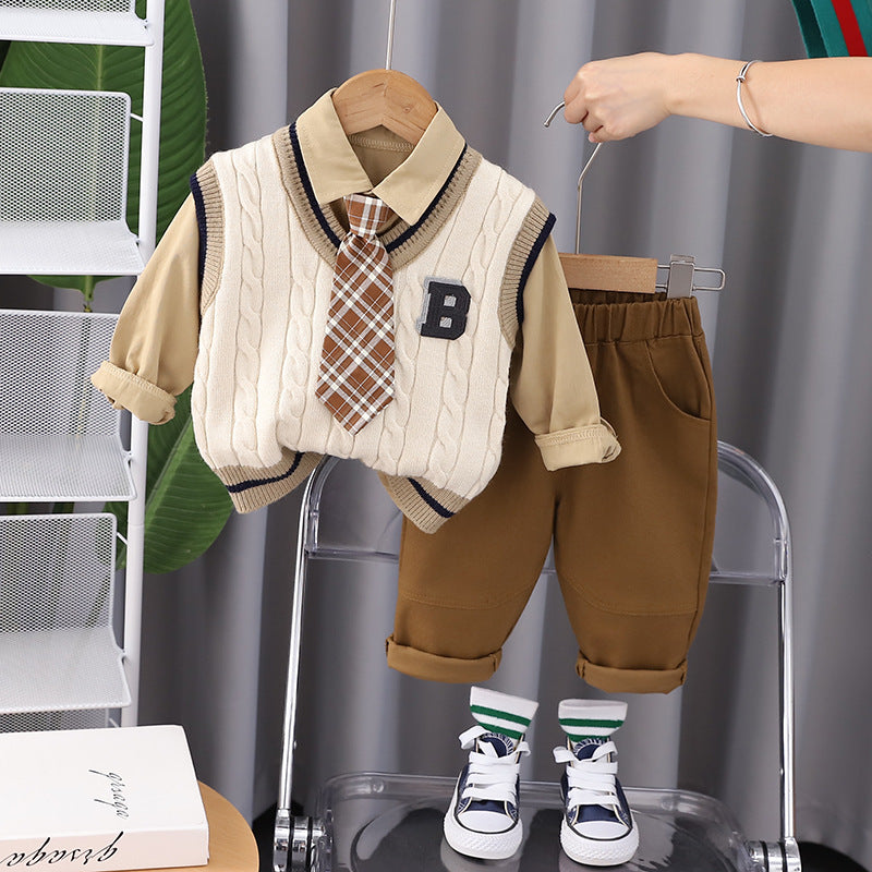 A Boys College style knitted vest with bow tie three-piece set, factory wholesale autumn set, foreign style fashionable model