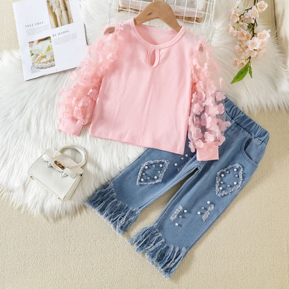 New Children's Wear Girls' Mesh Spliced Clear Color Top with Beaded Tassels and Ragged Edge Jeans Cross border Children's Set 0.3kg